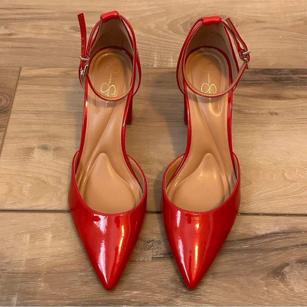 Jessica Simpson Red Patent Strap 3.5 inch Heels - Picture 2 of 9